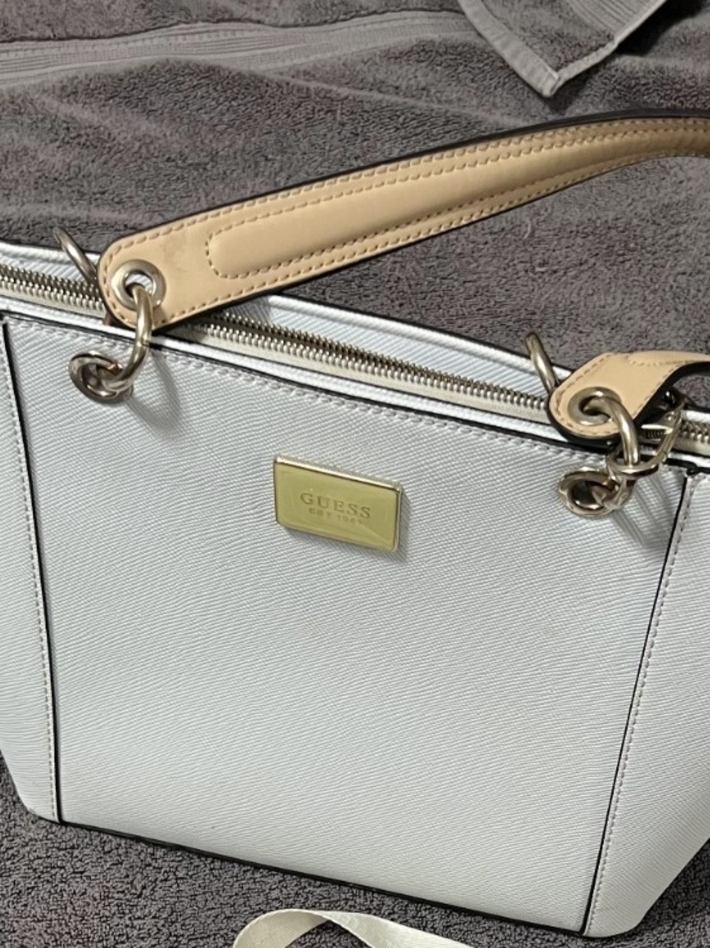 GUESS White Tote with Beige Handles and Gold Accents